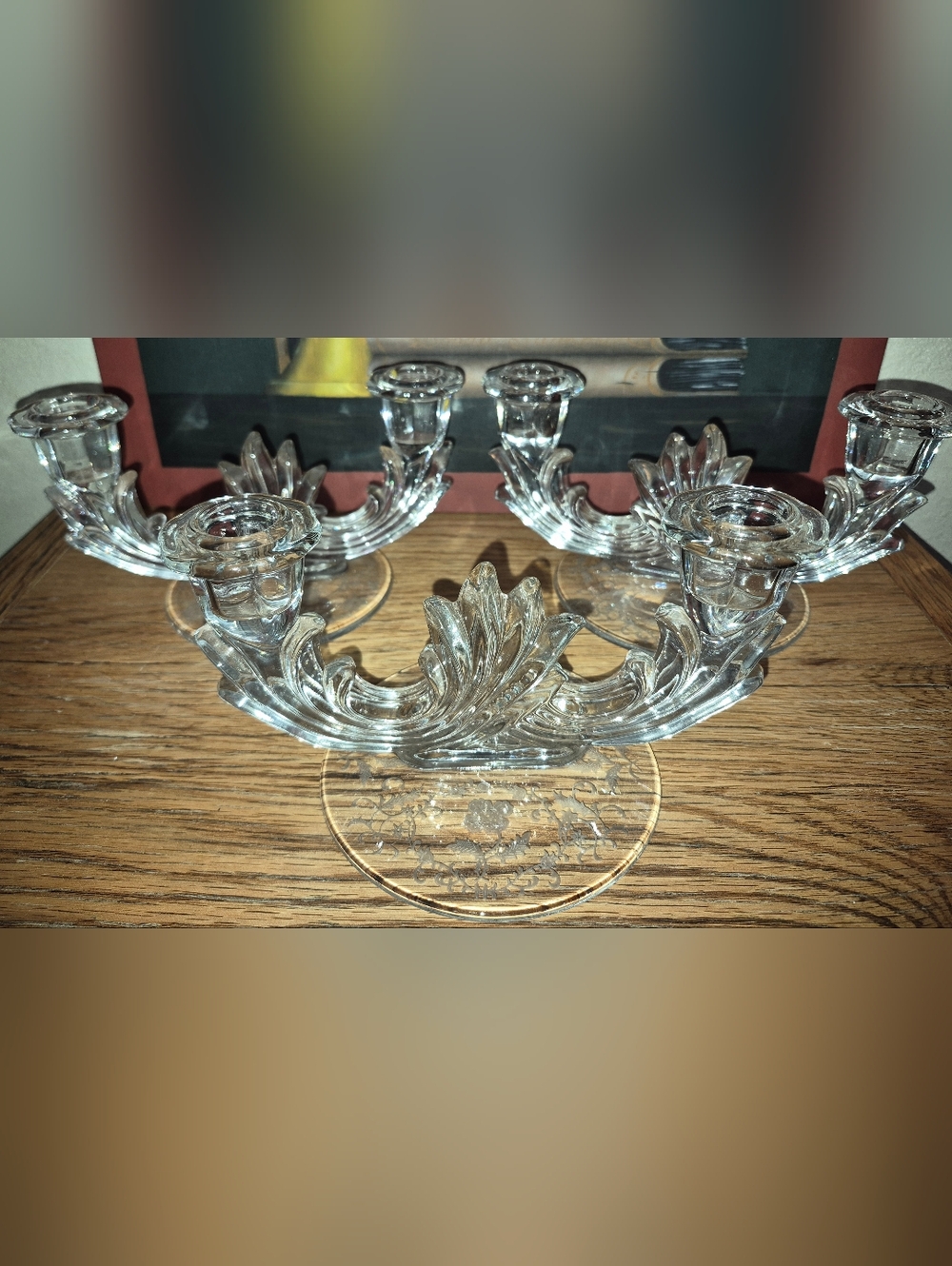 3 Vintage Fostoria Meadow Rose Etched Candlestick Candle Holders Elegant Glass